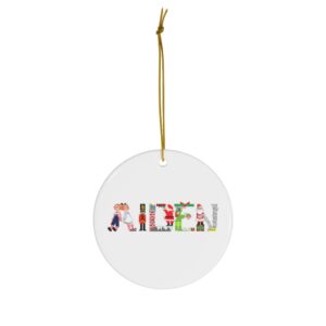 White ceramic ornament with text ‘Aiden’ in colourful Christmas themed lettering, with gold hanging loop