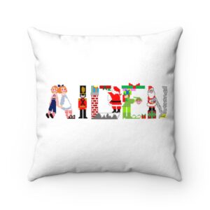 White faux suede cushion with text ‘Aiden’ in colourful Christmas themed lettering