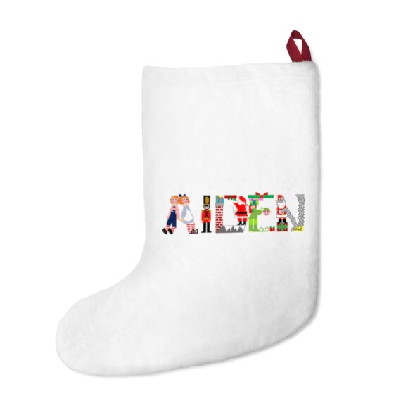 White stocking with text ‘Aiden’ in colourful Christmas themed lettering, with red hanging loop