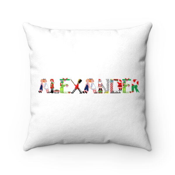 White faux suede cushion with text ‘Alexander’ in colourful Christmas themed lettering