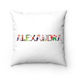 White faux suede cushion with text ‘Alexandra’ in colourful Christmas themed lettering