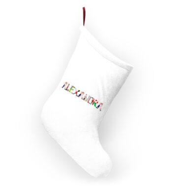 White stocking with text ‘Alexandra’ in colourful Christmas themed lettering, with red hanging loop