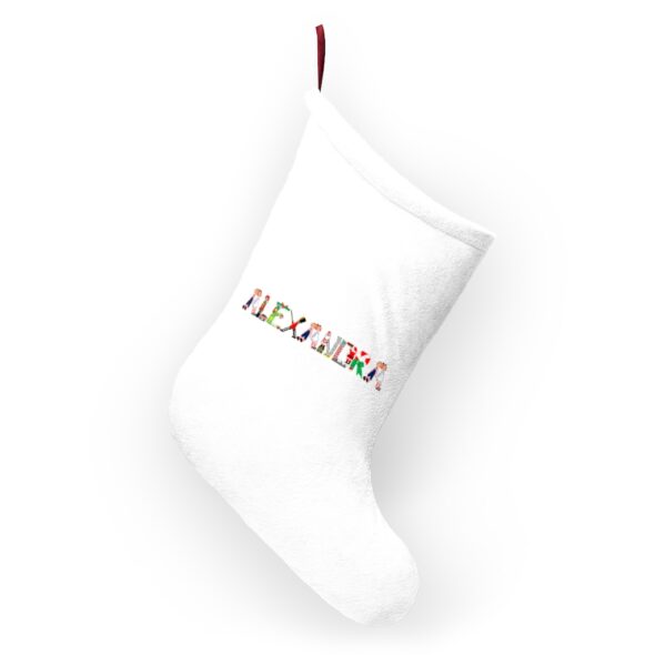 White stocking with text ‘Alexandra’ in colourful Christmas themed lettering, with red hanging loop