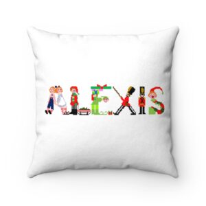 White faux suede cushion with text ‘Alexis’ in colourful Christmas themed lettering