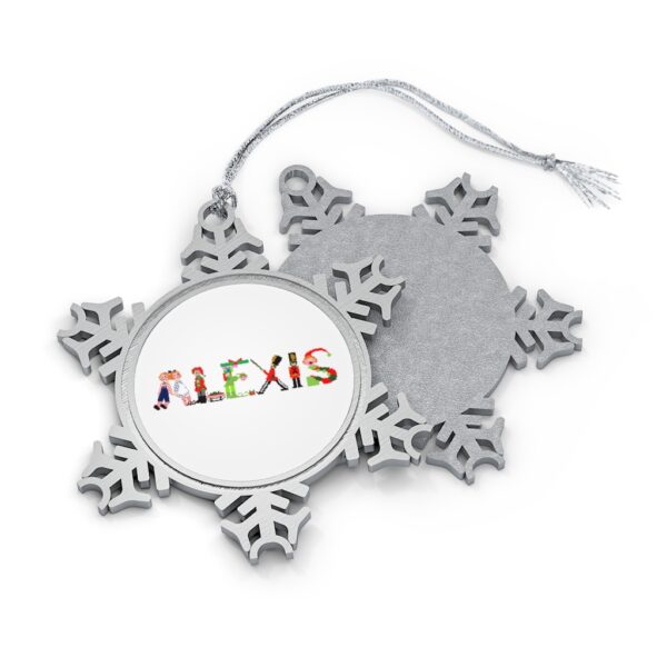 Silver-toned snowflake ornament with white insert with text ‘Alexis’ in colourful Christmas themed lettering, with silver hanging loop