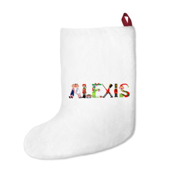 White stocking with text ‘Alexis’ in colourful Christmas themed lettering, with red hanging loop
