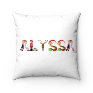 White faux suede cushion with text ‘Alyssa’ in colourful Christmas themed lettering