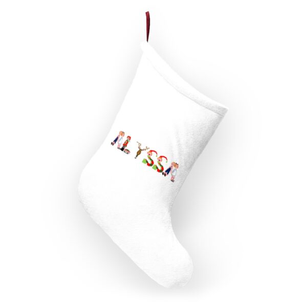 White stocking with text ‘Alyssa’ in colourful Christmas themed lettering, with red hanging loop