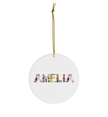 White ceramic ornament with text ‘Amelia’ in colourful Christmas themed lettering, with gold hanging loop
