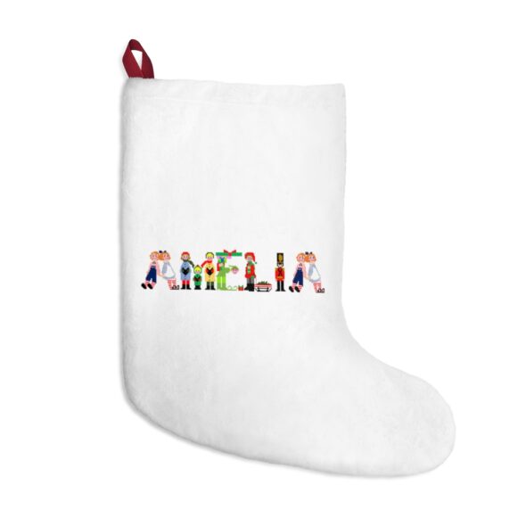 White stocking with text ‘Amelia’ in colourful Christmas themed lettering, with red hanging loop