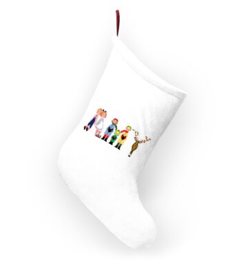 White stocking with text ‘Amy’ in colourful Christmas themed lettering, with red hanging loop