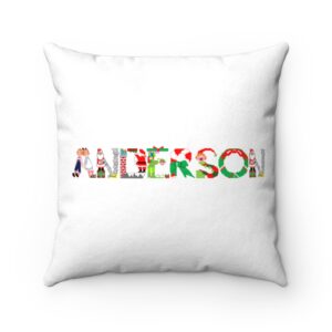 White faux suede cushion with text ‘Anderson’ in colourful Christmas themed lettering