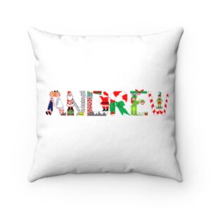 White faux suede cushion with text ‘Andrew’ in colourful Christmas themed lettering