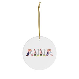 White ceramic ornament with text ‘Anna’ in colourful Christmas themed lettering, with gold hanging loop