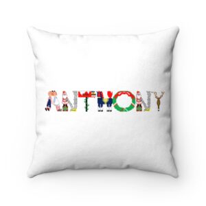 White faux suede cushion with text ‘Anthony’ in colourful Christmas themed lettering
