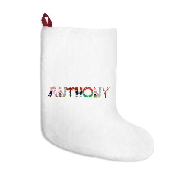 White stocking with text ‘Anthony’ in colourful Christmas themed lettering, with red hanging loop