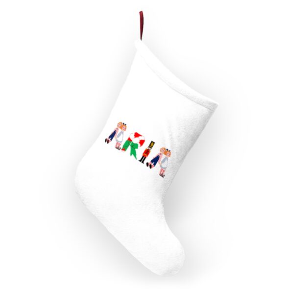 White stocking with text ‘Aria’ in colourful Christmas themed lettering, with red hanging loop