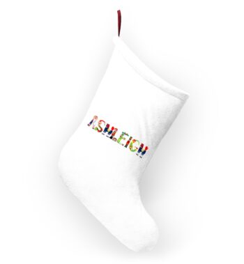 White stocking with text ‘Ashleigh’ in colourful Christmas themed lettering, with red hanging loop