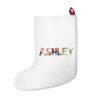 White stocking with text ‘Ashley’ in colourful Christmas themed lettering, with red hanging loop
