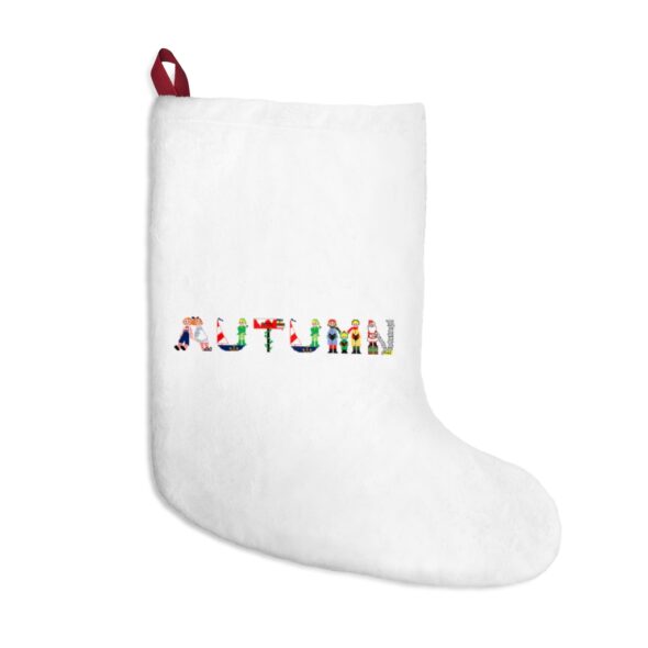 White stocking with text ‘Autumn’ in colourful Christmas themed lettering, with red hanging loop