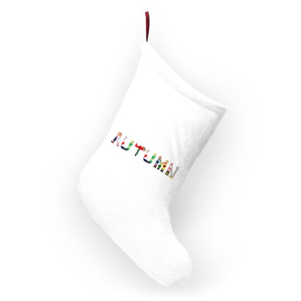 White stocking with text ‘Autumn’ in colourful Christmas themed lettering, with red hanging loop