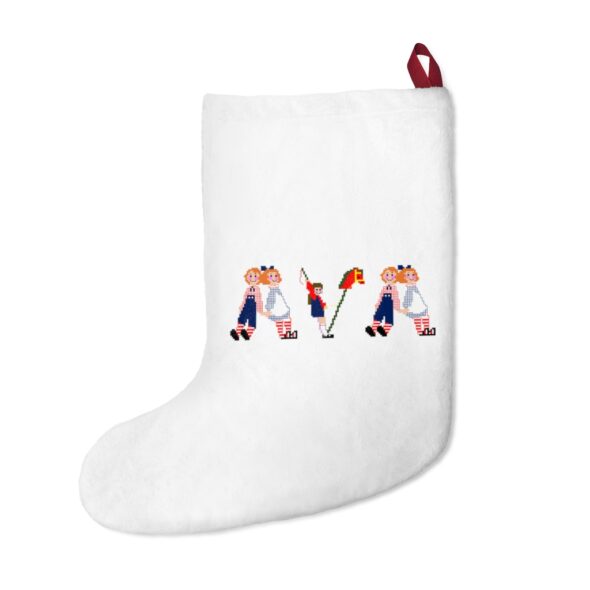 White stocking with text ‘Ava’ in colourful Christmas themed lettering, with red hanging loop