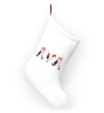 White stocking with text ‘Ava’ in colourful Christmas themed lettering, with red hanging loop