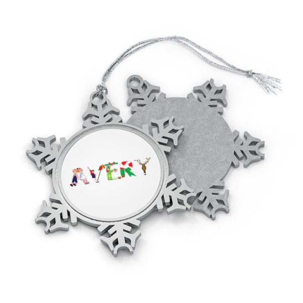 Silver-toned snowflake ornament with white insert with text ‘Avery’ in colourful Christmas themed lettering, with silver hanging loop