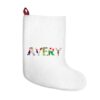 White stocking with text ‘Avery’ in colourful Christmas themed lettering, with red hanging loop