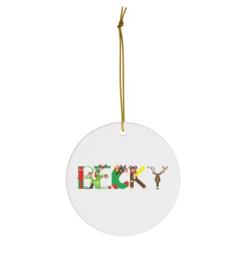 White ceramic ornament with text ‘Becky’ in colourful Christmas themed lettering, with gold hanging loop