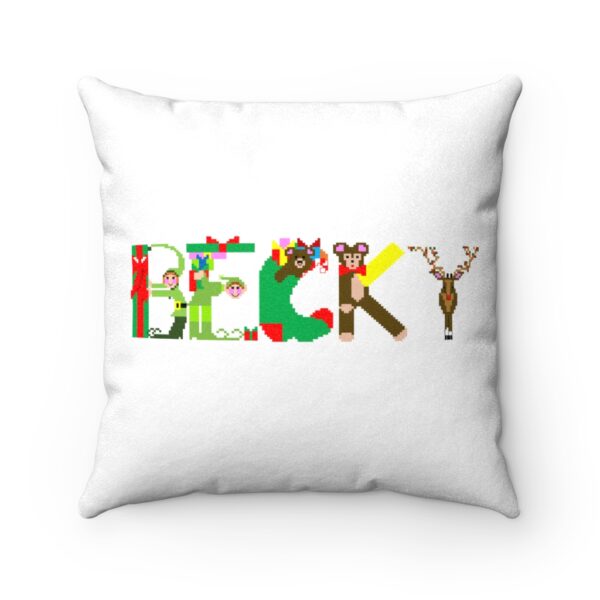 White faux suede cushion with text ‘Becky’ in colourful Christmas themed lettering