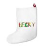 White stocking with text ‘Becky’ in colourful Christmas themed lettering, with red hanging loop