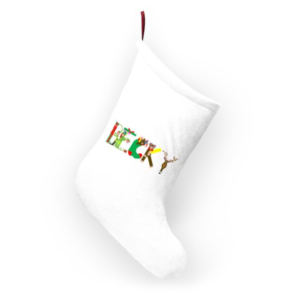 White stocking with text ‘Becky’ in colourful Christmas themed lettering, with red hanging loop
