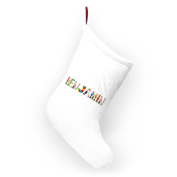White stocking with text ‘Benjamin’ in colourful Christmas themed lettering, with red hanging loop