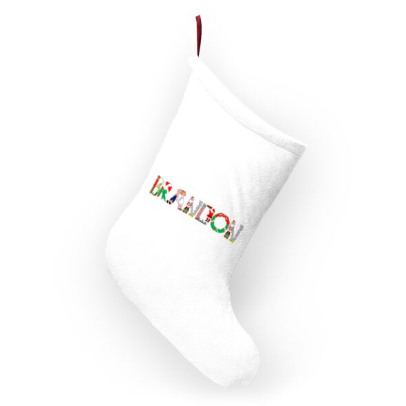 White stocking with text ‘Brandon’ in colourful Christmas themed lettering, with red hanging loop