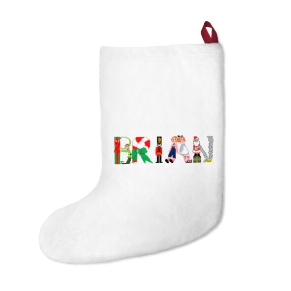 White stocking with text ‘Brian’ in colourful Christmas themed lettering, with red hanging loop