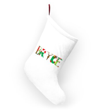 White stocking with text ‘Bryce’ in colourful Christmas themed lettering, with red hanging loop
