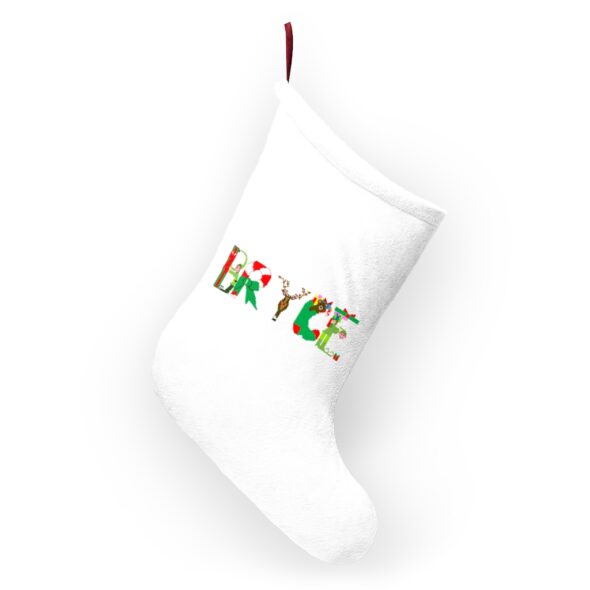 White stocking with text ‘Bryce’ in colourful Christmas themed lettering, with red hanging loop