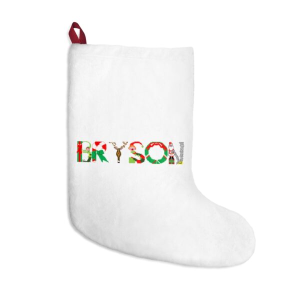 White stocking with text ‘Bryson’ in colourful Christmas themed lettering, with red hanging loop