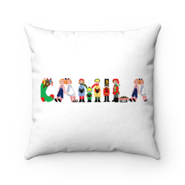 White faux suede cushion with text ‘Camila’ in colourful Christmas themed lettering