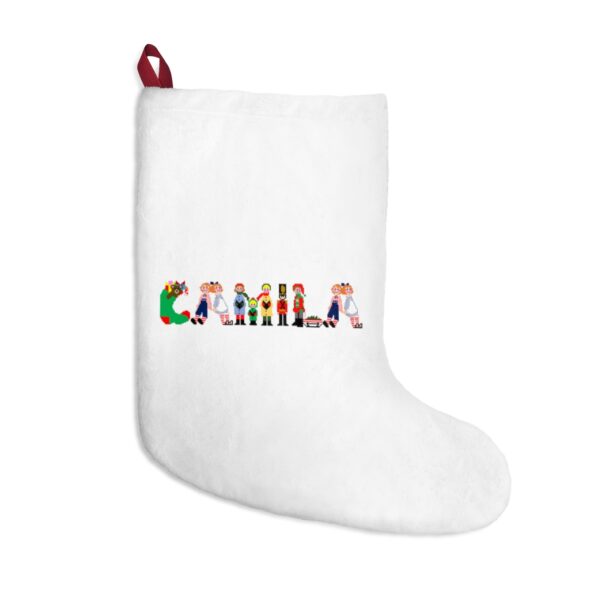 White stocking with text ‘Camila’ in colourful Christmas themed lettering, with red hanging loop