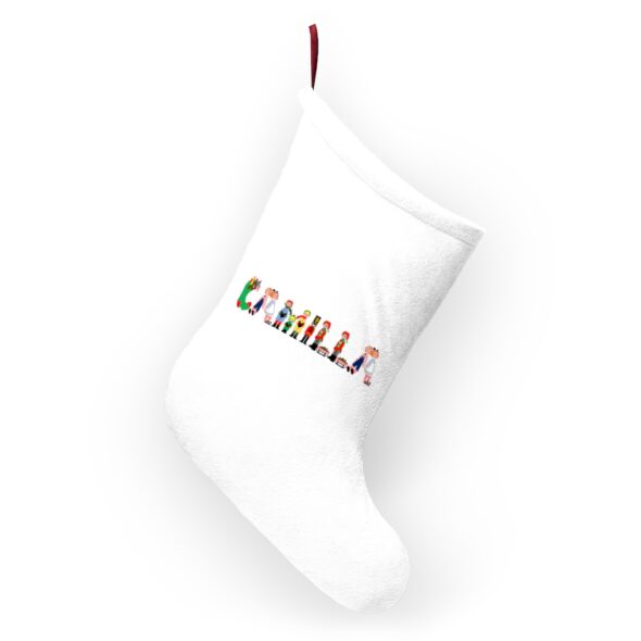 White stocking with text ‘Camilla’ in colourful Christmas themed lettering, with red hanging loop
