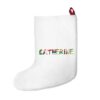 White stocking with text ‘Catherine’ in colourful Christmas themed lettering, with red hanging loop