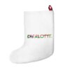 White stocking with text ‘Charlotte’ in colourful Christmas themed lettering, with red hanging loop