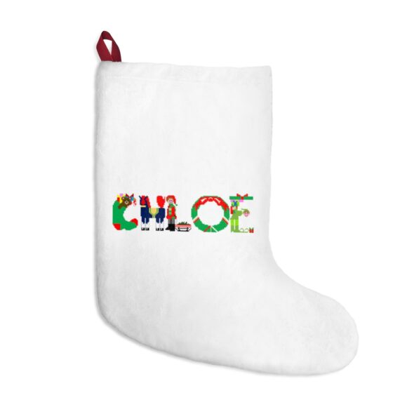 White stocking with text ‘Chloe’ in colourful Christmas themed lettering, with red hanging loop