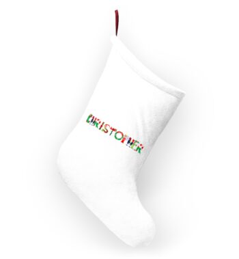 White stocking with text ‘Christopher’ in colourful Christmas themed lettering, with red hanging loop