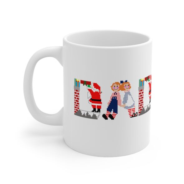 White 11 ounce mug with text ‘Dad’ in colourful Christmas themed lettering