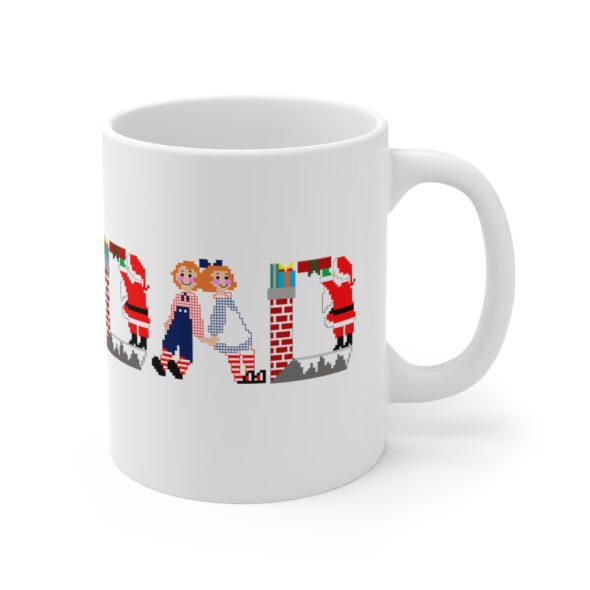 White 11 ounce mug with text ‘Dad’ in colourful Christmas themed lettering