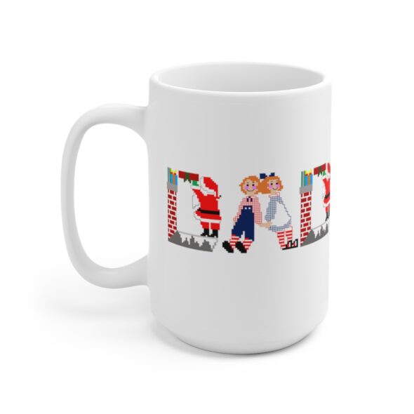 White 15 ounce mug with text ‘Dad’ in colourful Christmas themed lettering