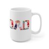 White 15 ounce mug with text ‘Dad’ in colourful Christmas themed lettering